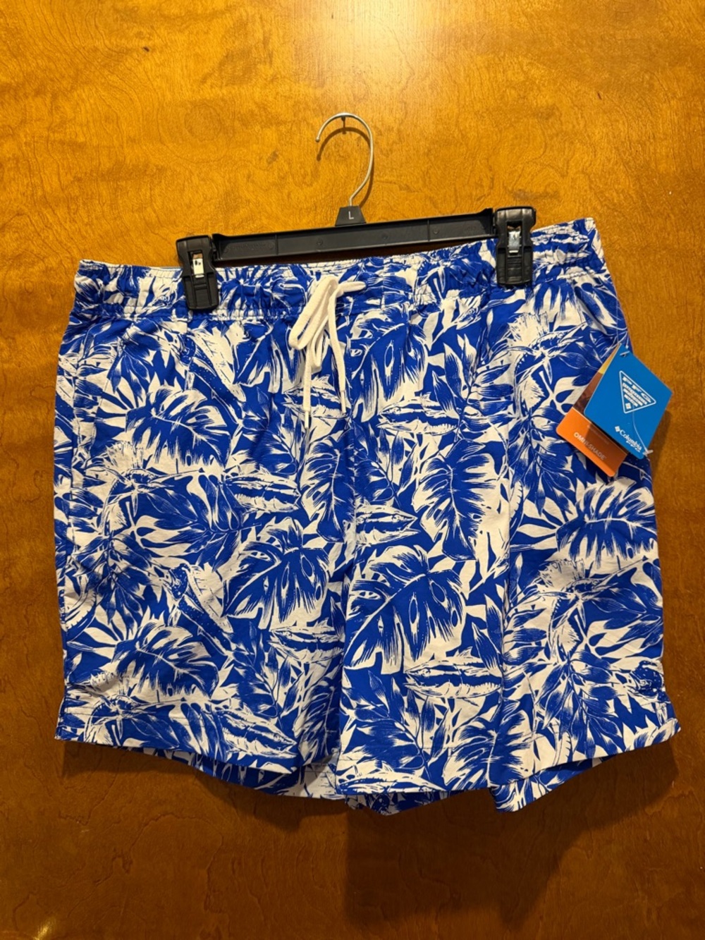 Columbia women’s blue & white tropical fish swim trunks board shorts new size L